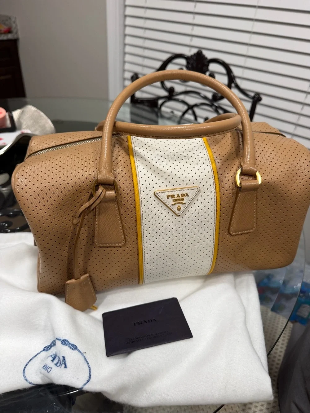 Prada Beige and White Perforated Leather Satchel with Yellow Trim